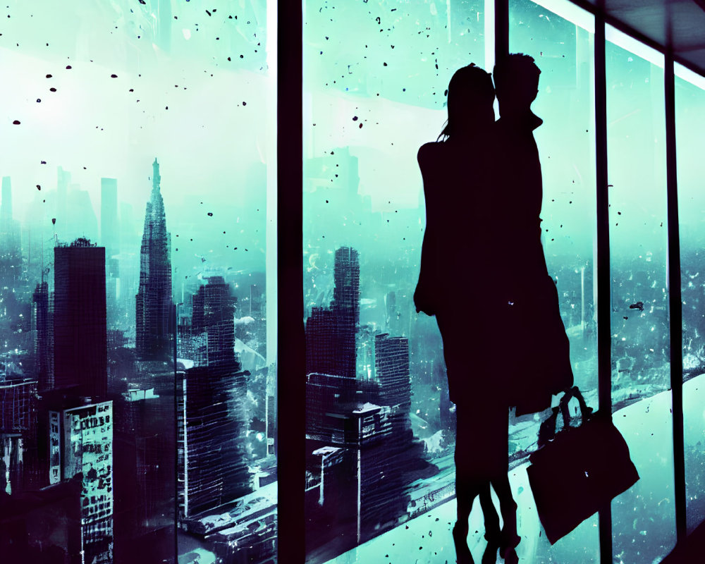 Couple Embracing Near Rainy Cityscape Window