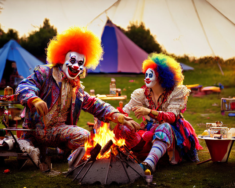 Colorful wig clowns at campfire with tent and props