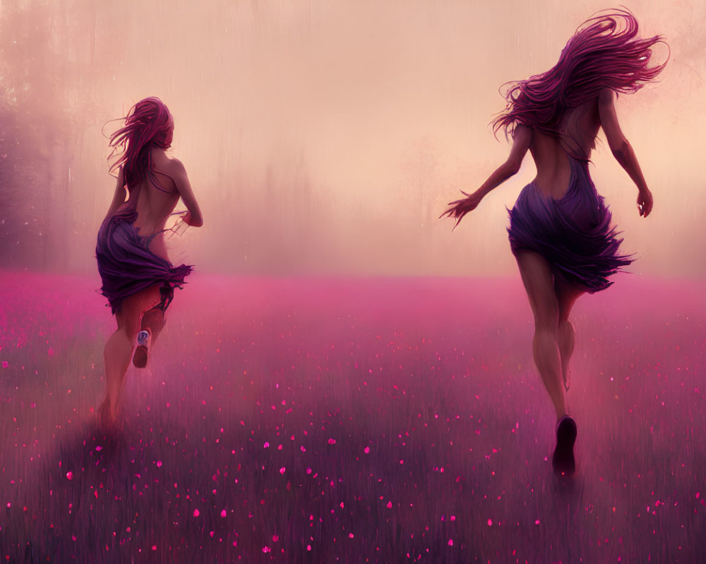 Two women running in mystical purple meadow with flowing hair