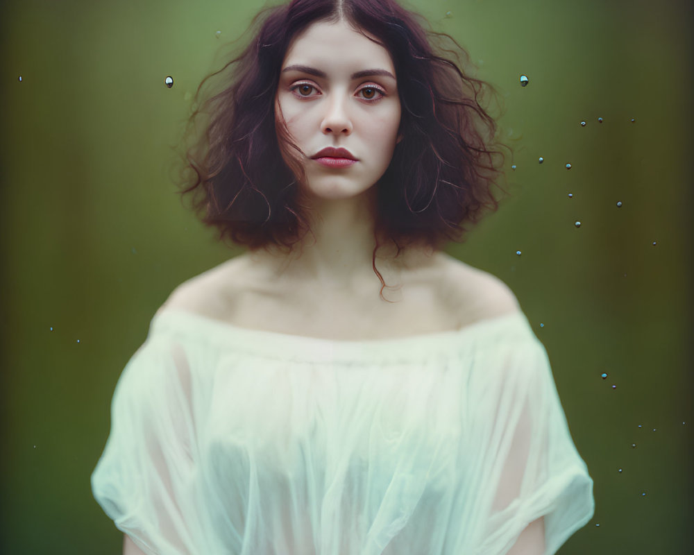 Dark-haired woman in sheer white top against green background