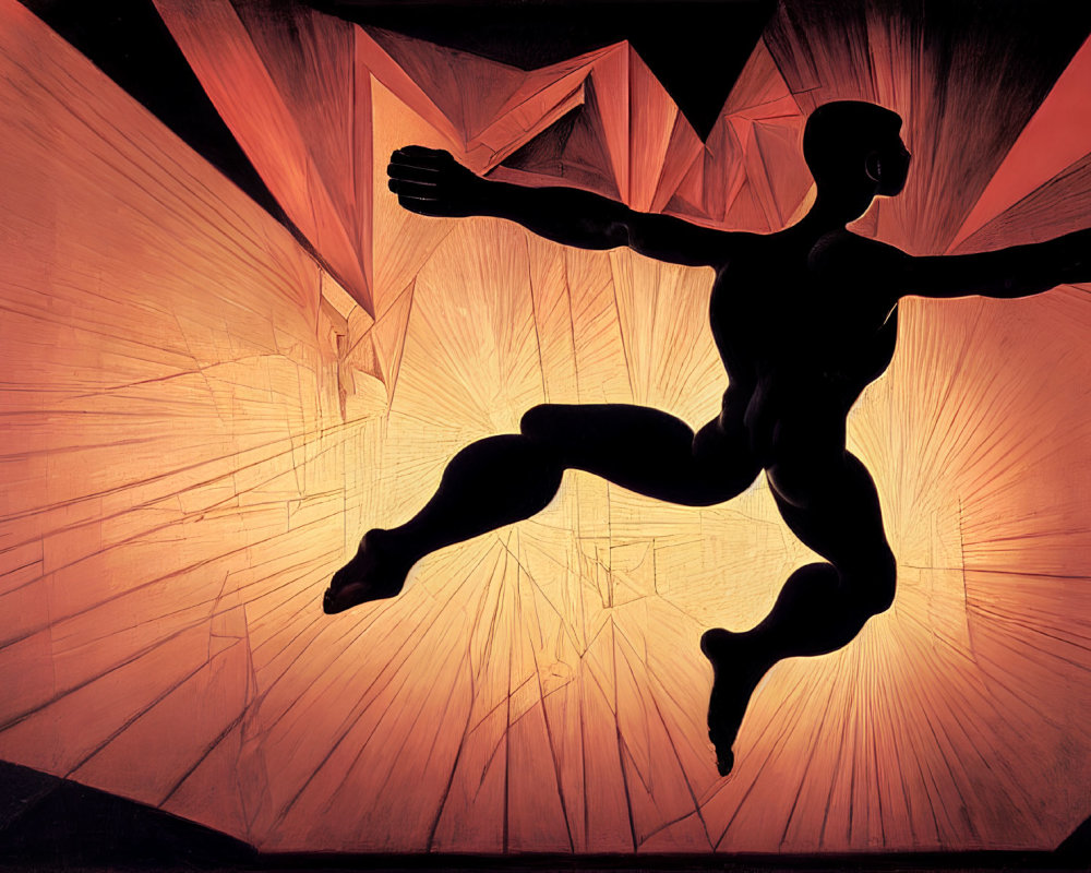 Dynamic Silhouette Leaping Against Abstract Red and Orange Background