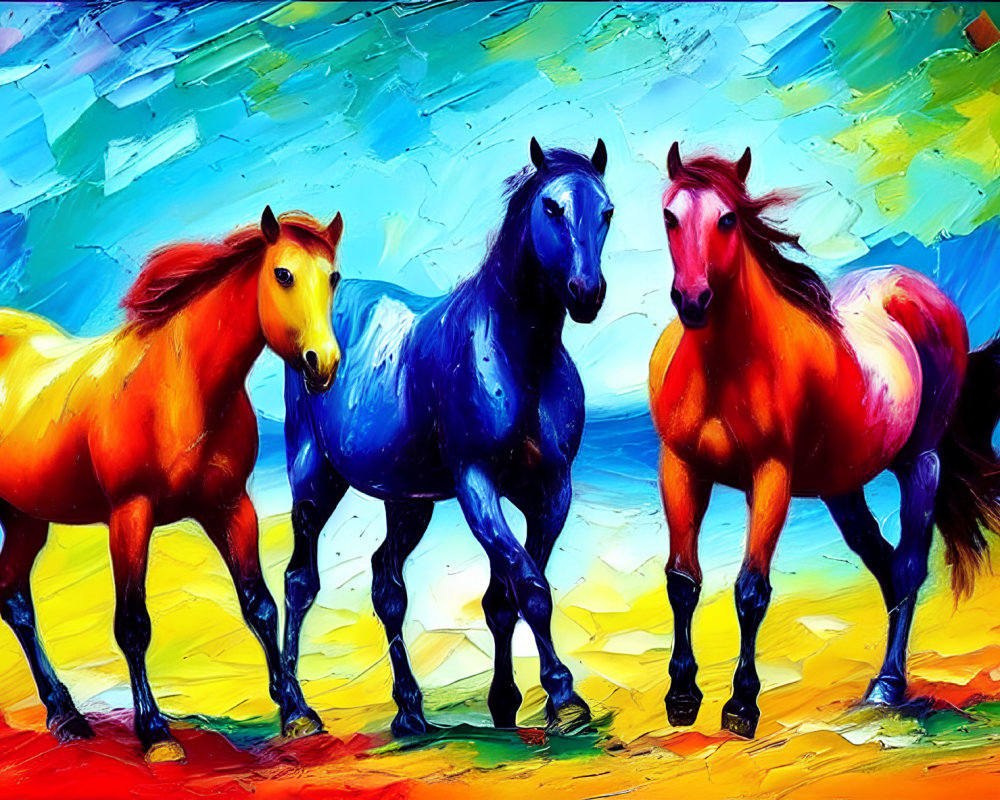 Colorful Painted Horses on Abstract Background