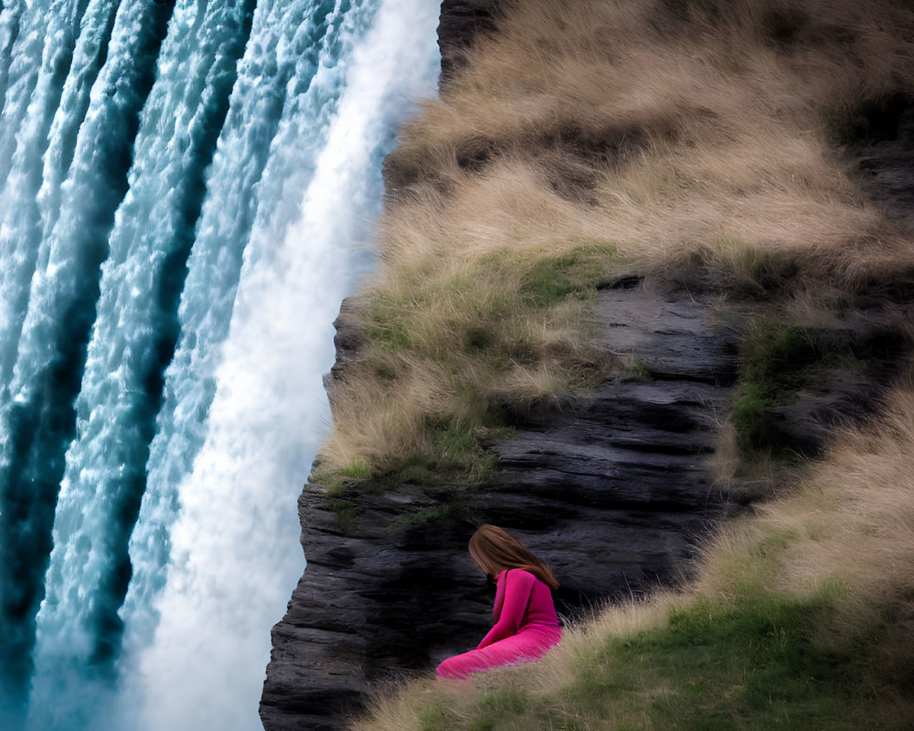 Person in Pink Jacket Contemplates Waterfall on Cliff Edge