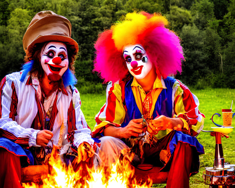 Colorful Wig Clowns by Campfire in Green Meadow