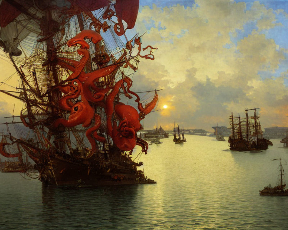 Gigantic red octopus attacks sailing ship at sunset