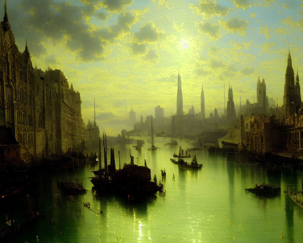 Victorian-era painting of serene cityscape with Gothic architecture and river boats