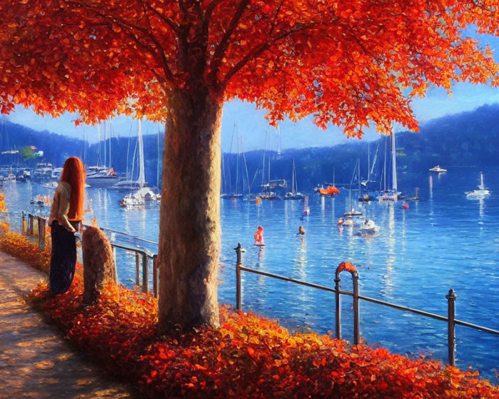 Scenic autumn lake view with people, boats, and bright foliage