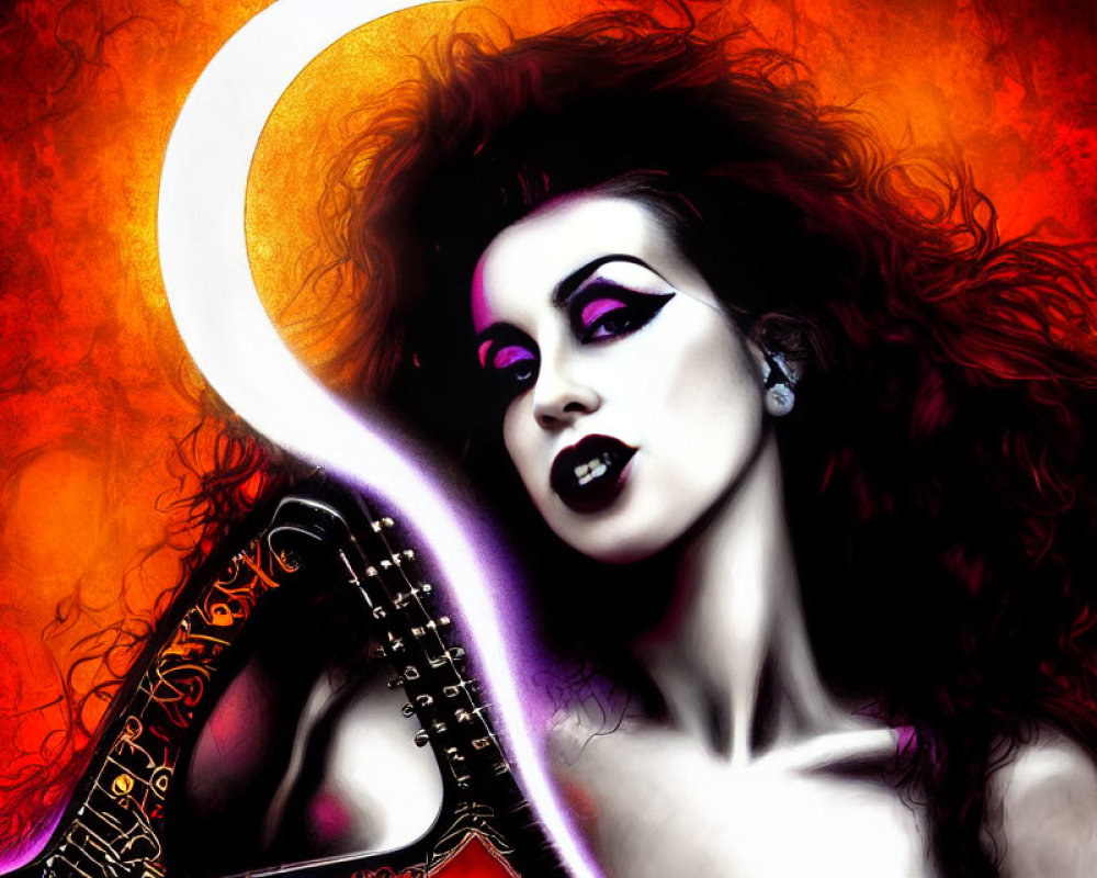 Colorful portrait of woman with dramatic makeup and wild hair on red backdrop with crescent moon and guitar