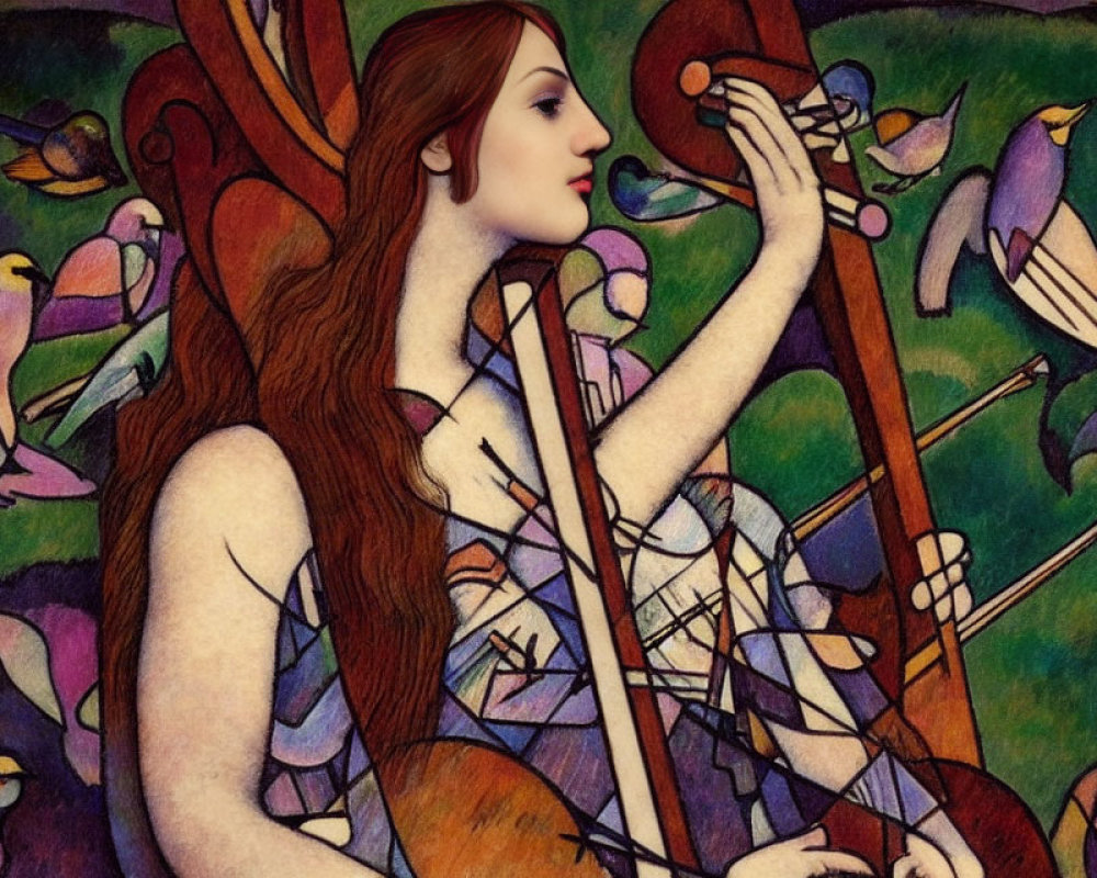 Illustration of woman with long red hair playing stringed instrument amidst colorful birds in whimsical setting