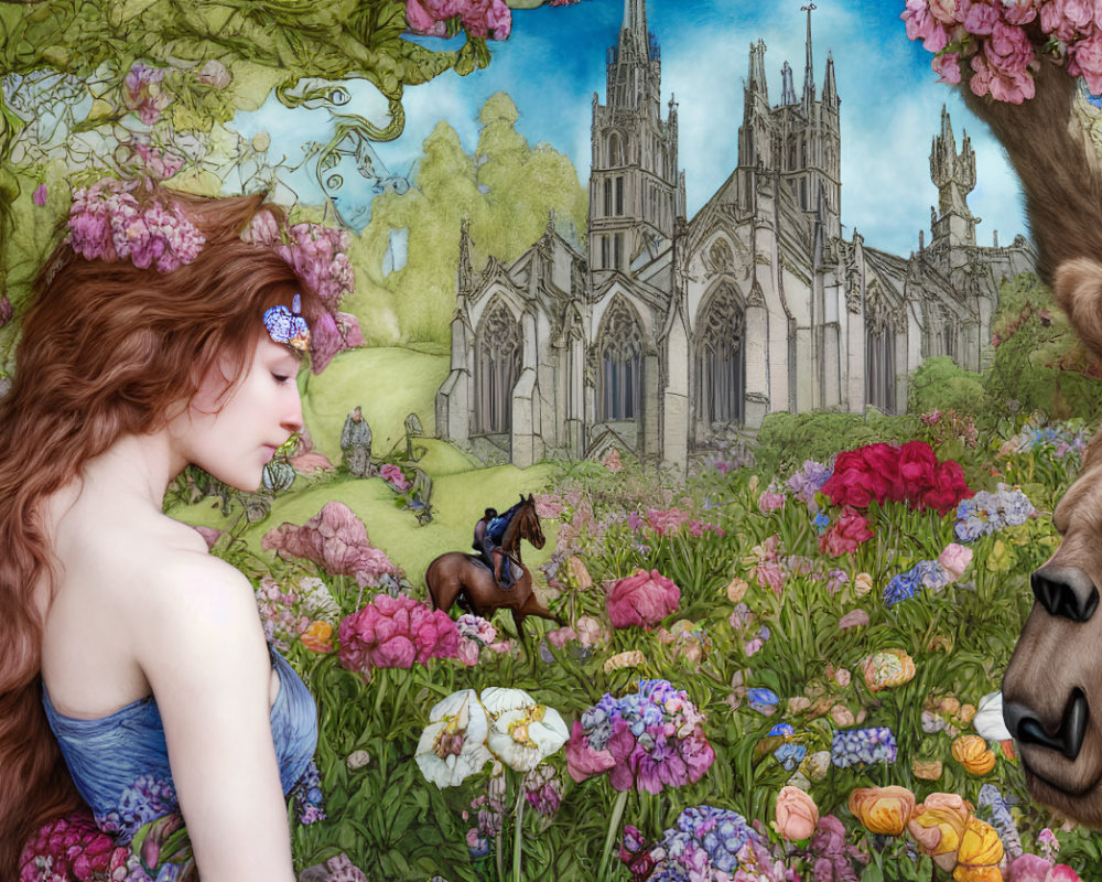 Illustration of woman with floral adornments in flower-filled scene with cathedral and whimsical creature.