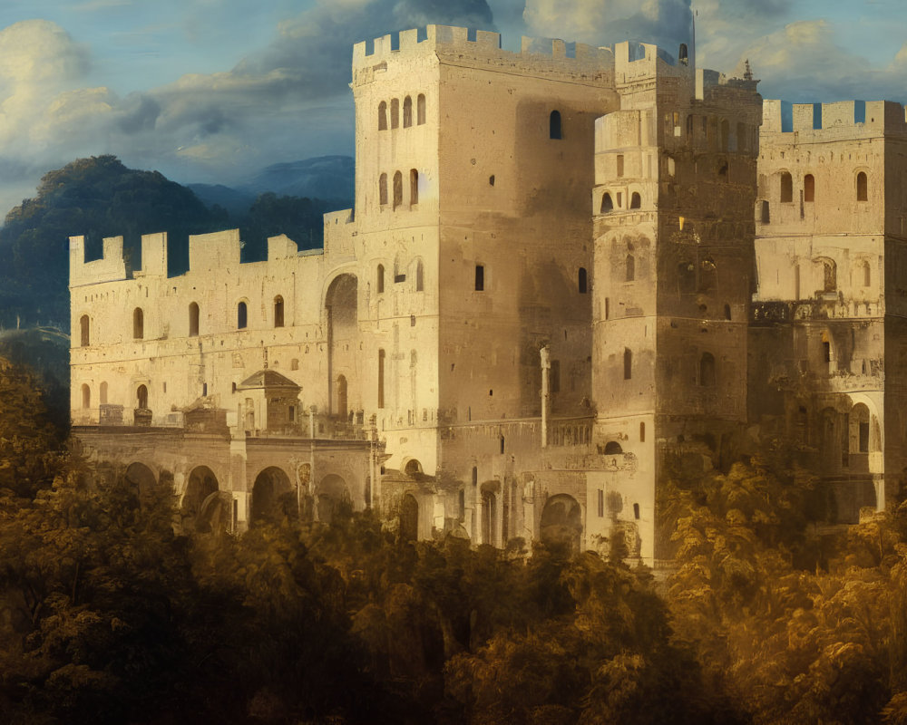 Medieval castle with multiple towers in lush forest under dramatic sky