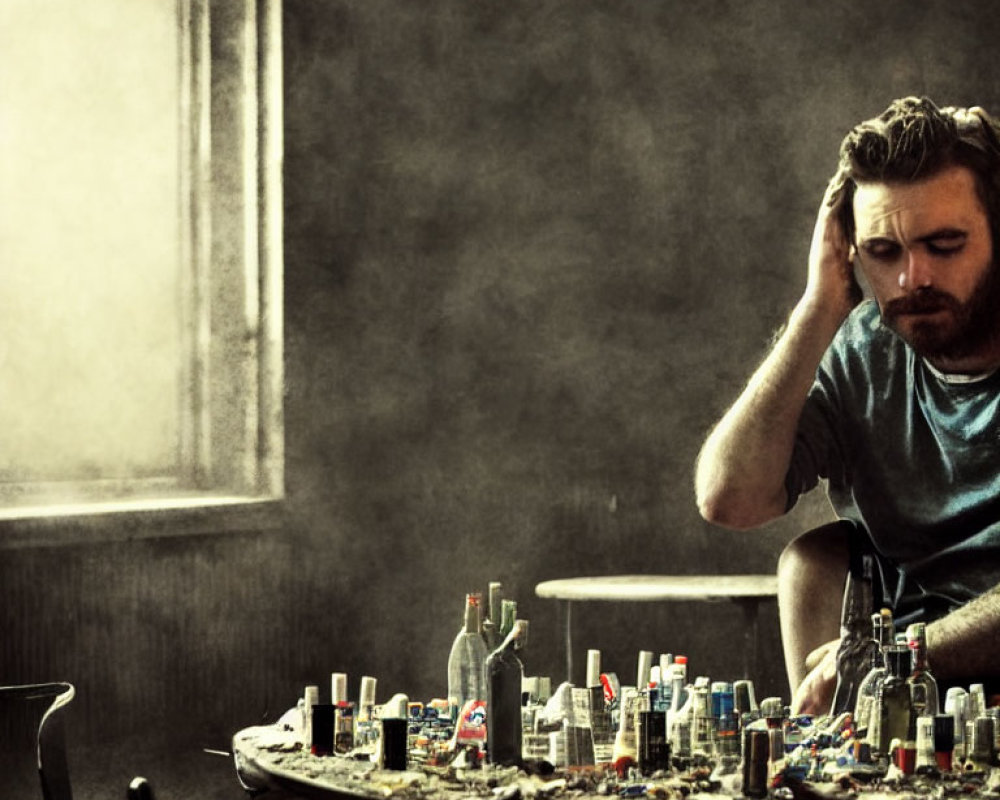 Pensive man at cluttered table in dimly lit room