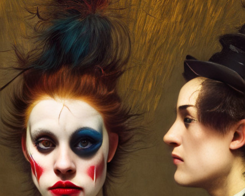 Two people in profile with clown makeup and vintage clothing; abstract element connecting their heads.