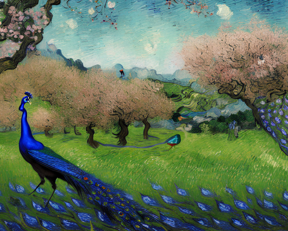 Colorful peacock in Van Gogh-style pastoral landscape with cherry trees.