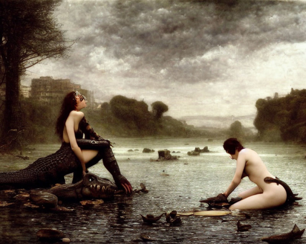 Digital artwork of two women by river: one with mermaid tail on crocodile, other kneeling by