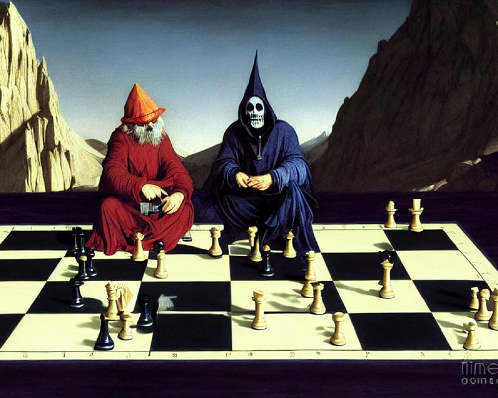 Robed Figures in Red and Blue with Symbolic Masks on Chessboard