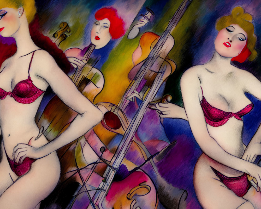 Vibrant illustration of three women in red lingerie playing string instruments