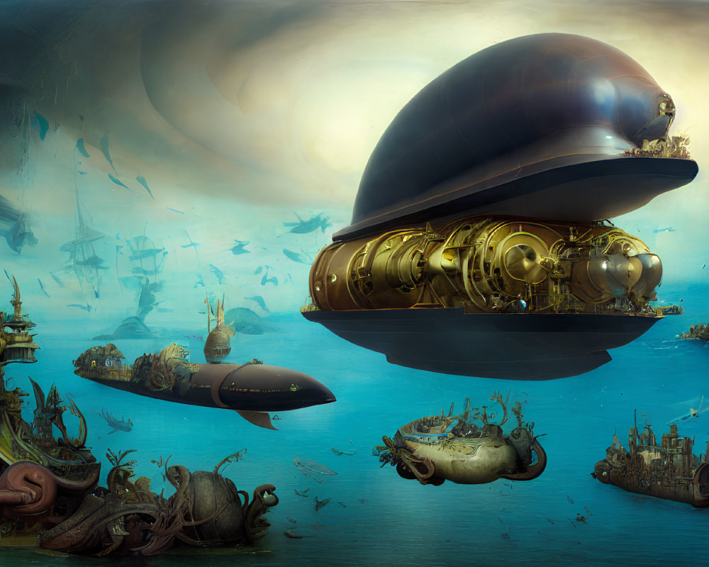 Surreal futuristic airship art with floating cities in dreamlike sky