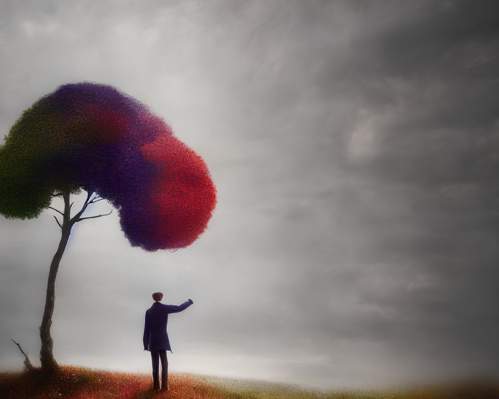 Business person under colorful tree with oversized crown on grassy hill.