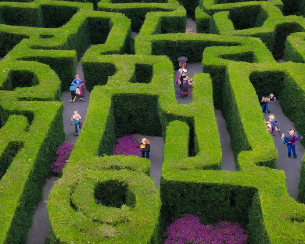 Lush Green Hedge Maze with Pink Flowers