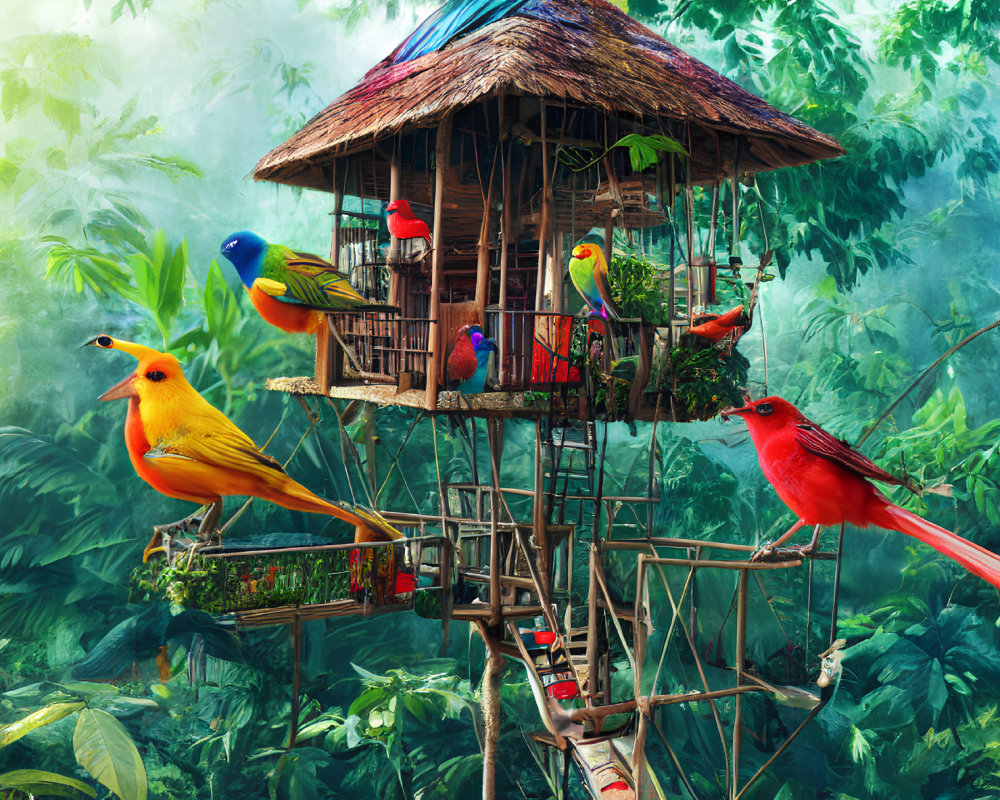 Vibrant Bamboo Treehouse with Oversized Birds in Lush Jungle