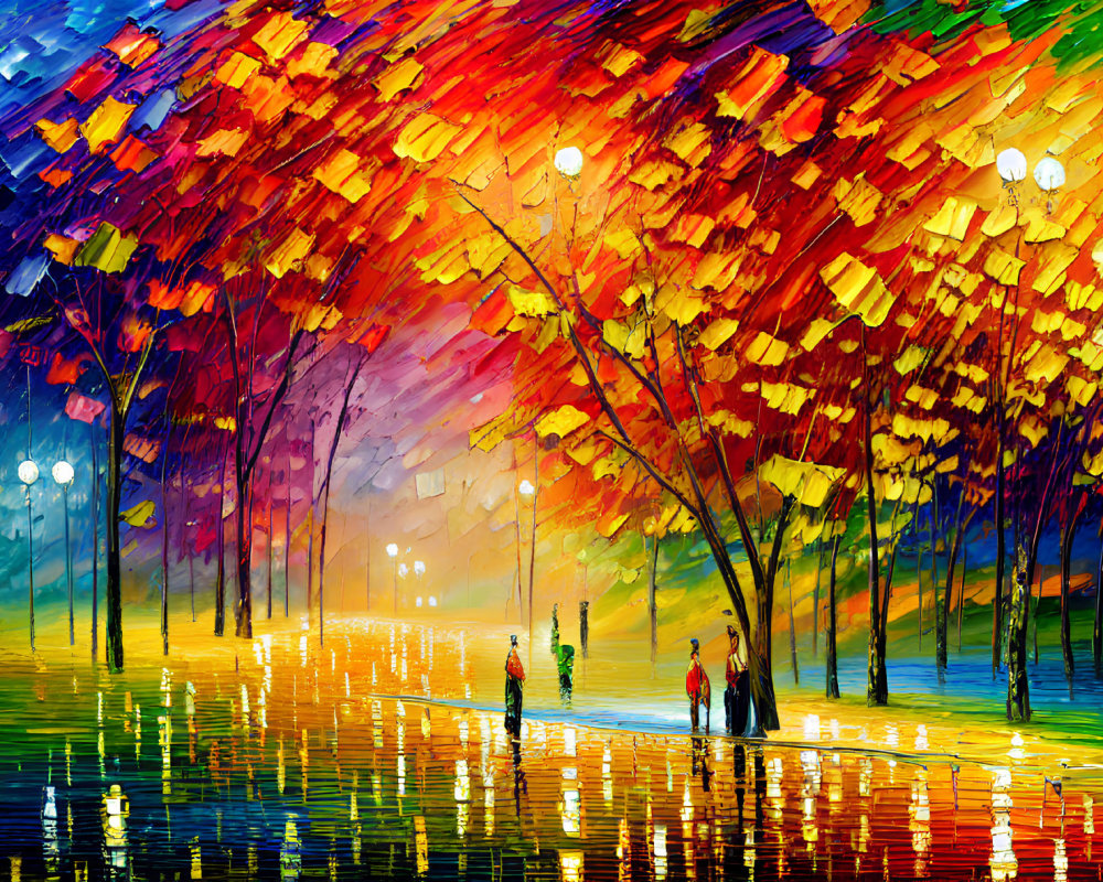 Colorful Rainy Tree-Lined Path Painting with People Strolling