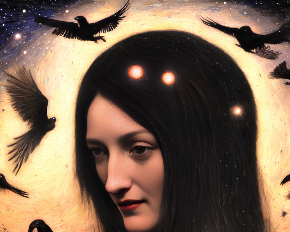 Dark-haired woman surrounded by flying black birds in surreal cosmic scene