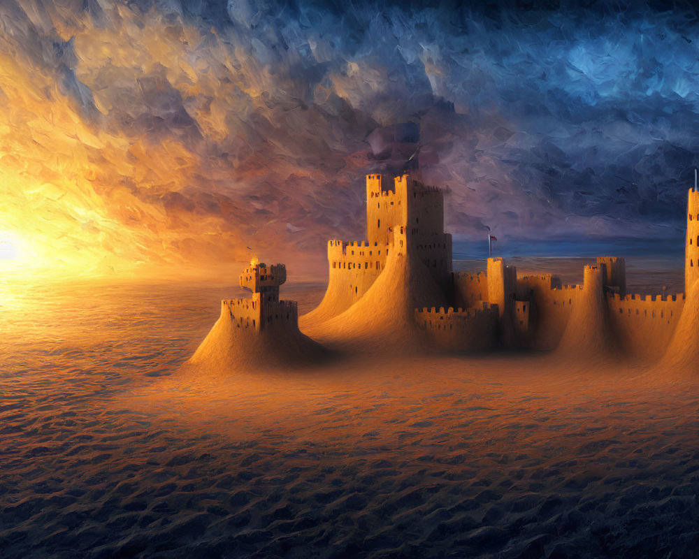 Digital Art: Sandcastle Fortresses at Sunset