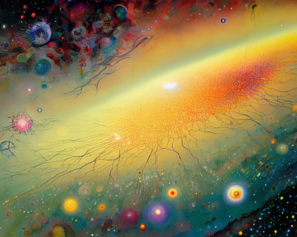 Colorful cosmic scene with glowing sun and intricate neuron-like networks