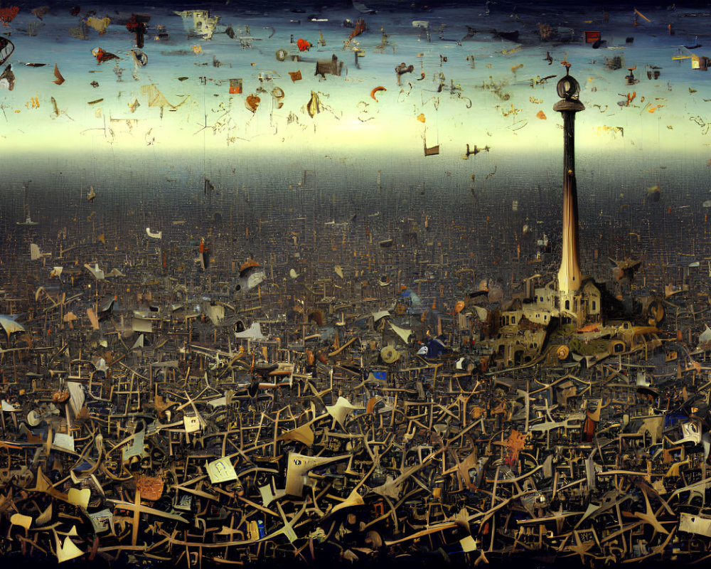 Surreal art: Lighthouse in chaotic sea of chairs and debris