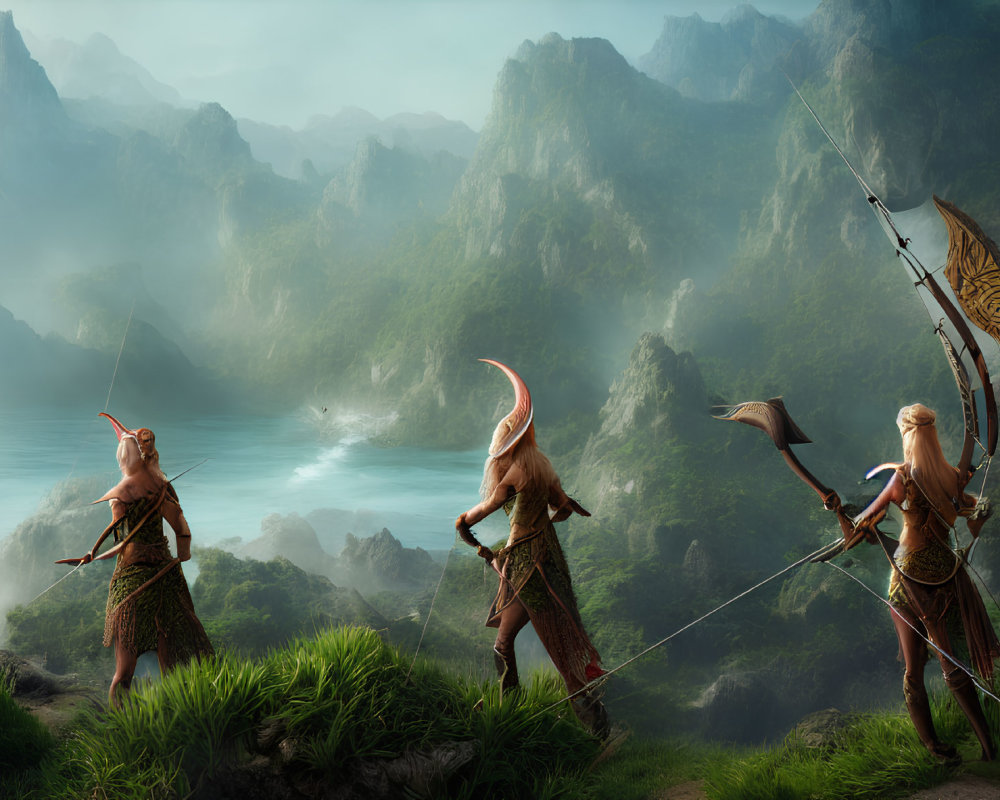 Fantasy scene: Three armed elves in misty mountain landscape by calm sea