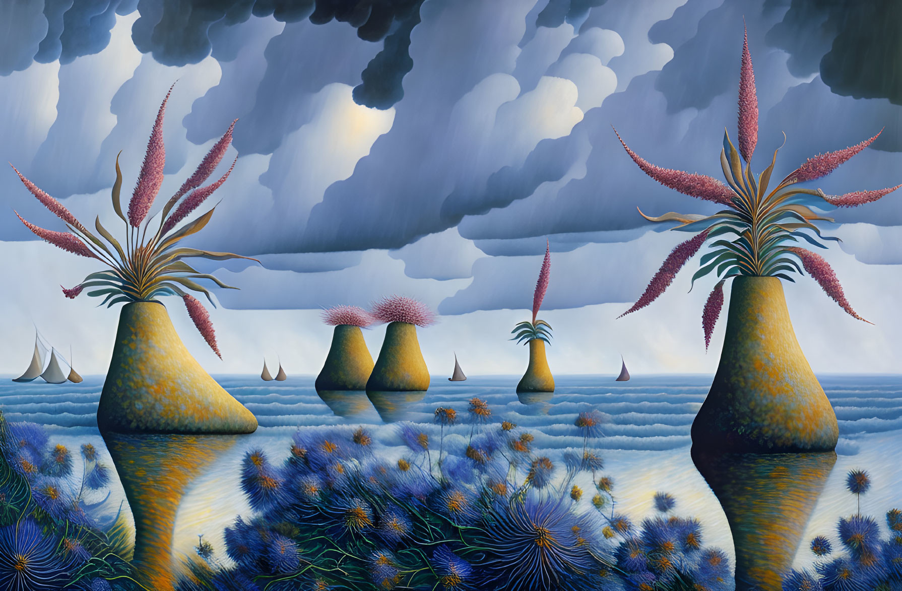 Surreal landscape with pink plants, conical structures, stormy sky, sailboats, and