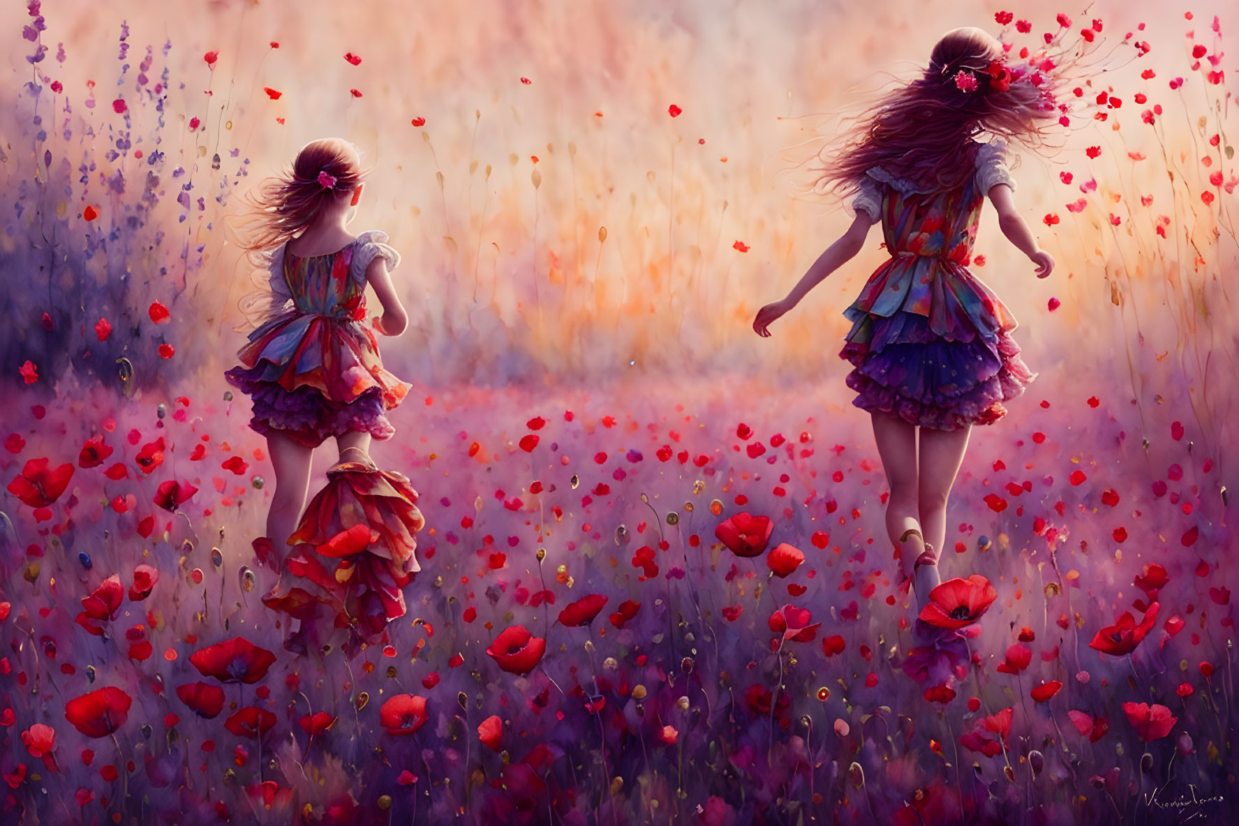 Vibrant poppy field with two girls in colorful dresses