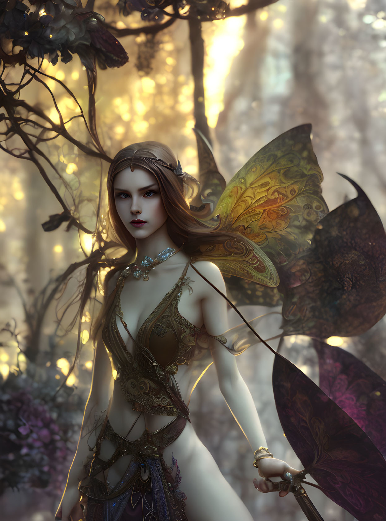 Fairy digital artwork in enchanted forest with delicate wings