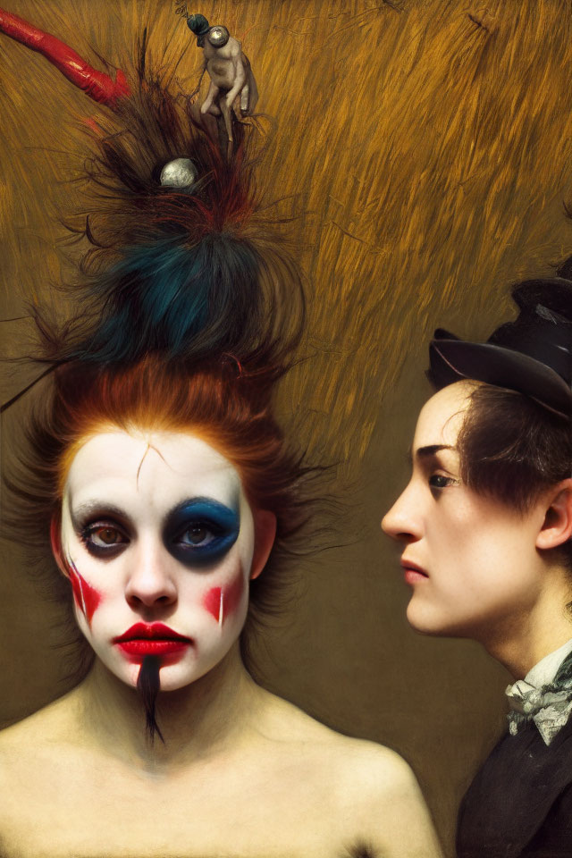 Two people in profile with clown makeup and vintage clothing; abstract element connecting their heads.