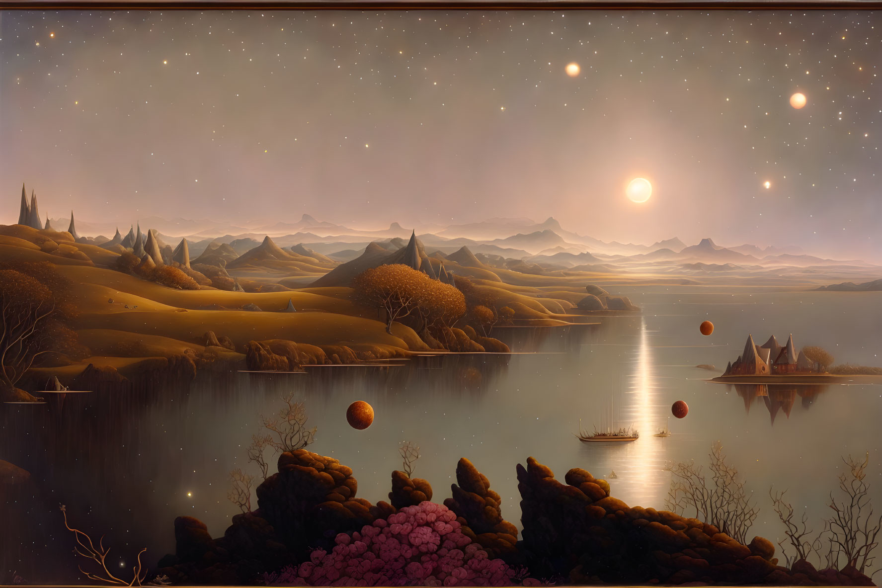 Serene landscape with lake, hills, autumn trees, mountains, starry sky.