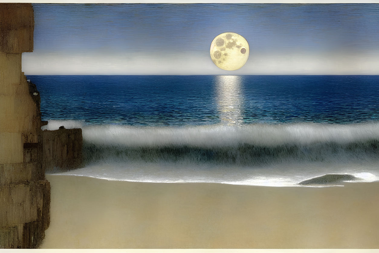 Serene beach scene with full moon and stone wall