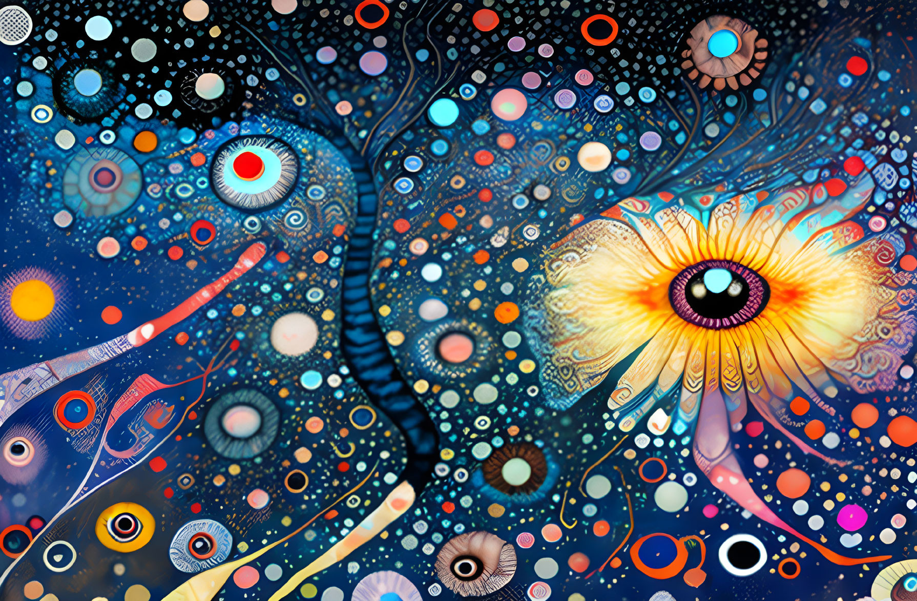 Colorful Abstract Artwork with Realistic Eye and Peacock Feather Patterns