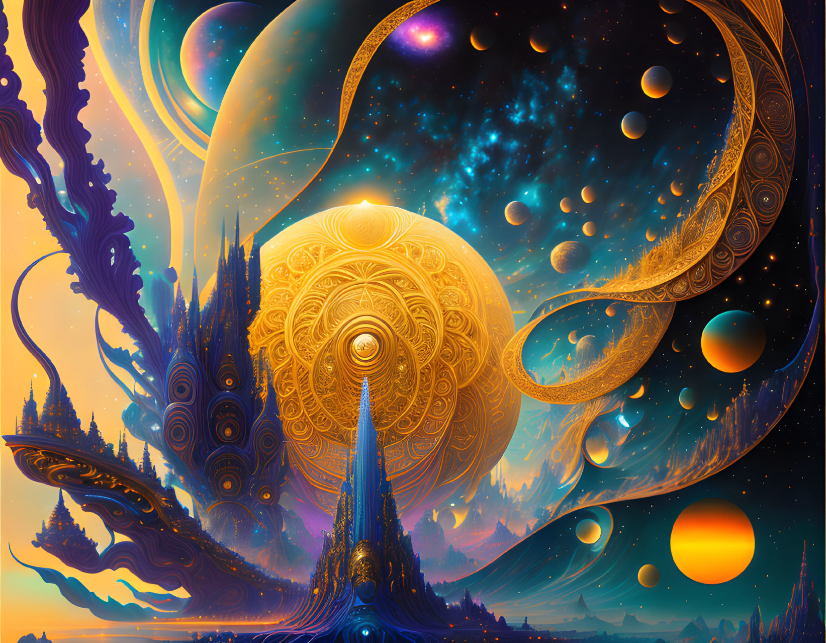 Surreal cosmic scene with swirling patterns and celestial bodies