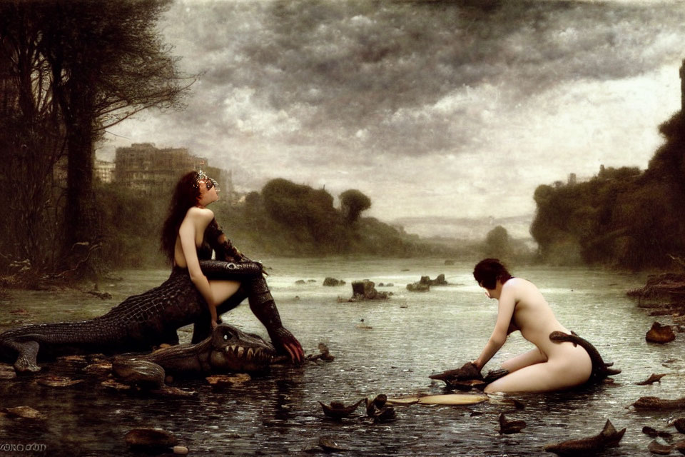 Digital artwork of two women by river: one with mermaid tail on crocodile, other kneeling by