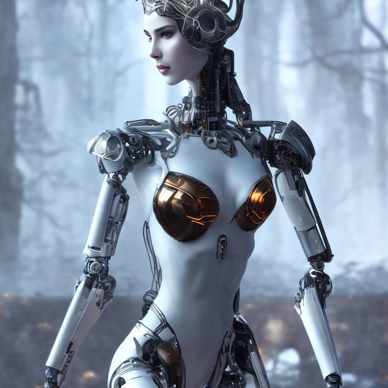 Female humanoid robot with intricate mechanical components in misty forest.
