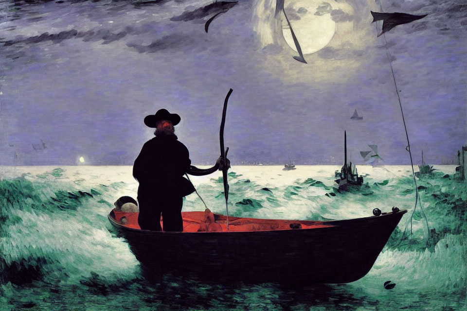 Moonlit Night Fishing Scene with Fisherman in Rowboat