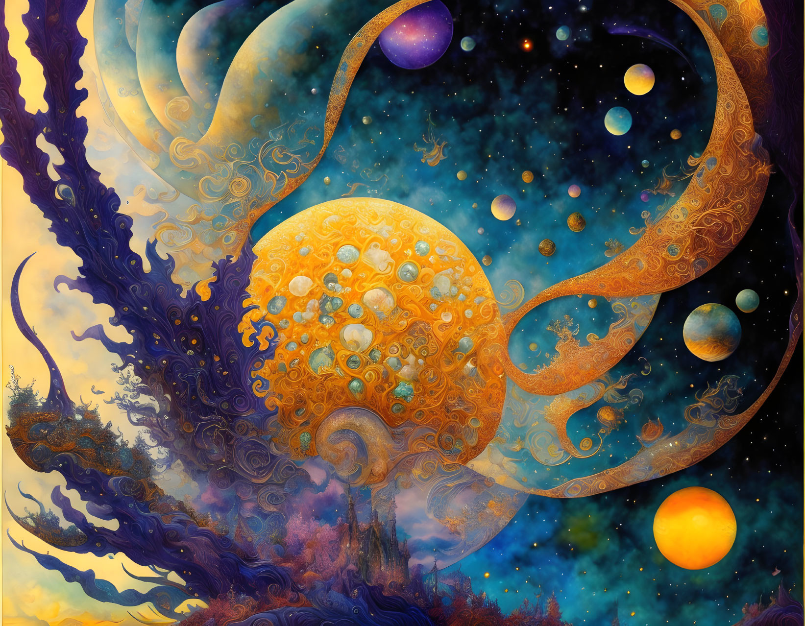 Fantastical cosmic landscape with swirling patterns and celestial bodies.