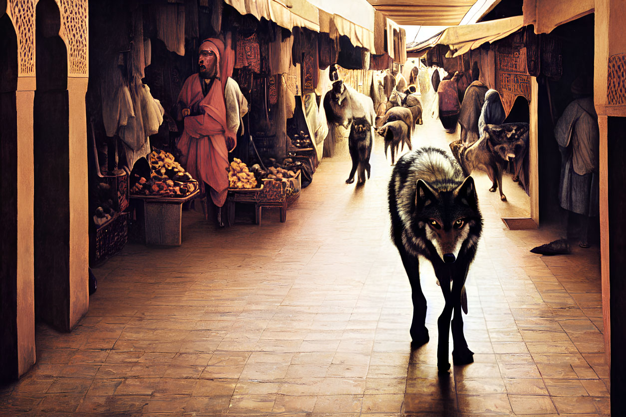 Vibrant market alley scene with various stalls, a merchant, and a wolf in the foreground.