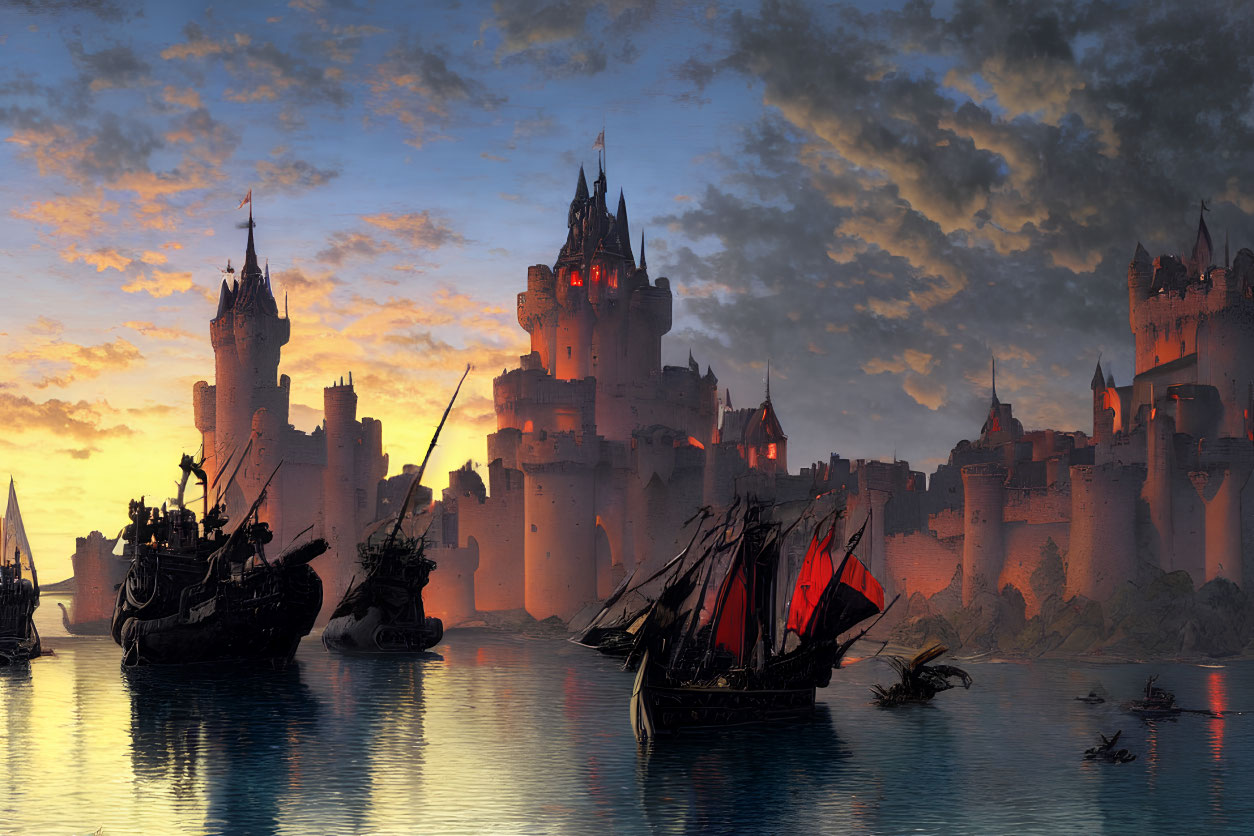 Medieval castle at sunset with water walls, red-sailed ships, and rowboats