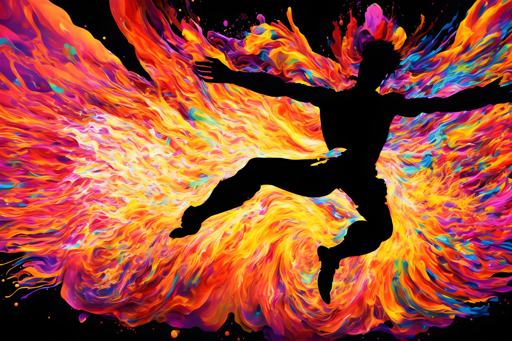 Abstract Silhouette Surrounded by Swirling Flames in Vibrant Colors