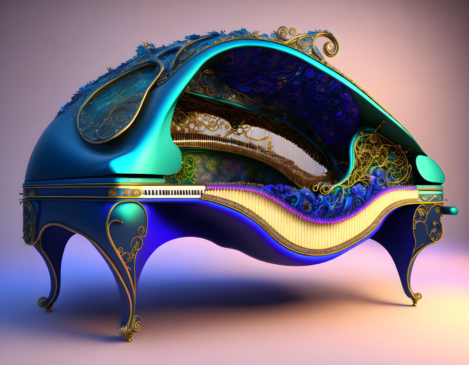 Ornate grand piano with golden embellishments on soft background