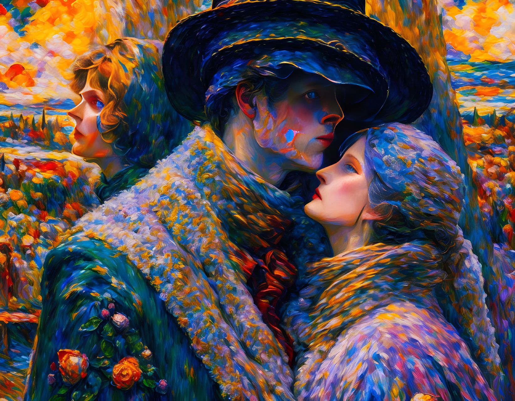 Vibrant impressionist-style painting with three figures in warm colors