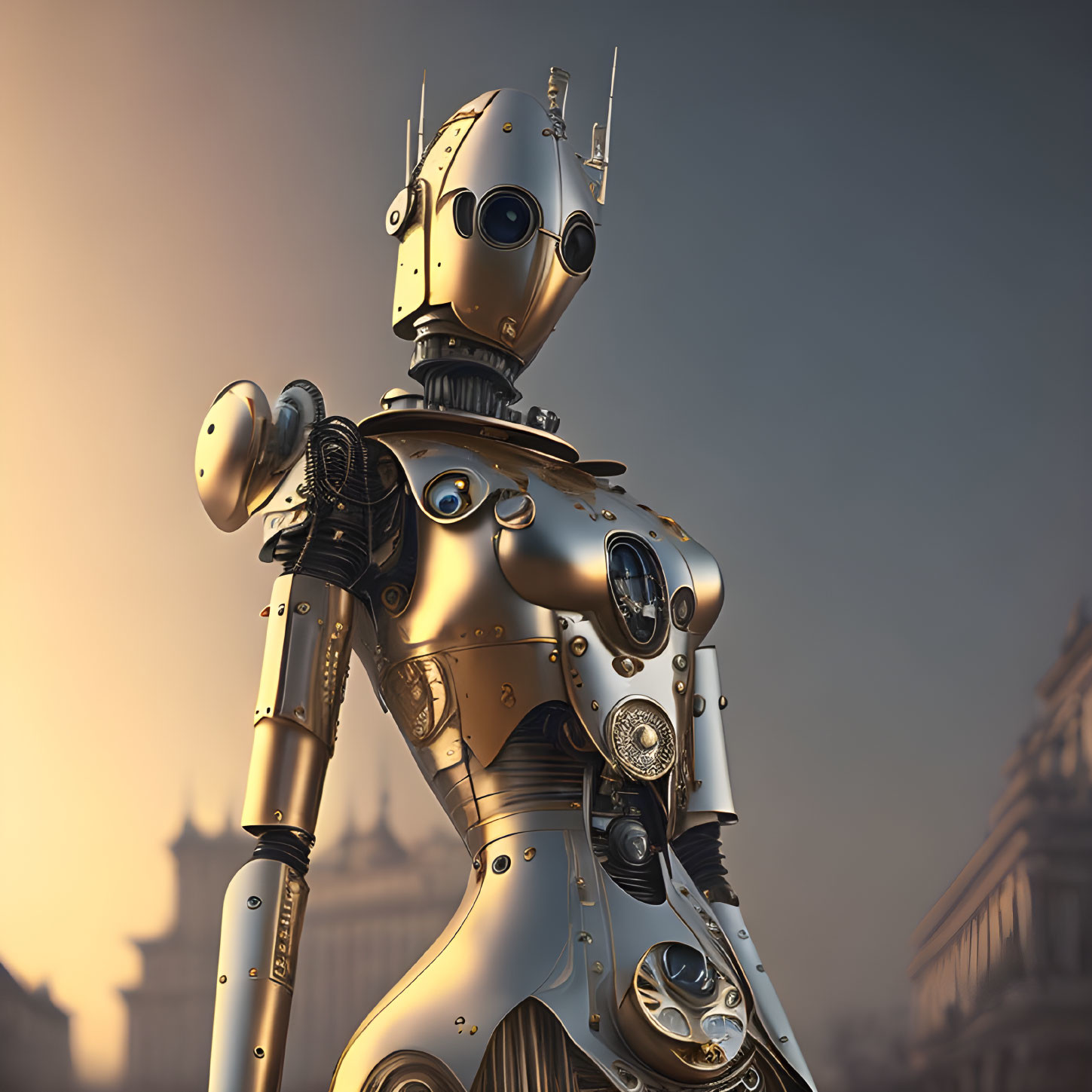 Detailed Steampunk Robot with Brass Gears and Pipes Standing Against Architectural Background