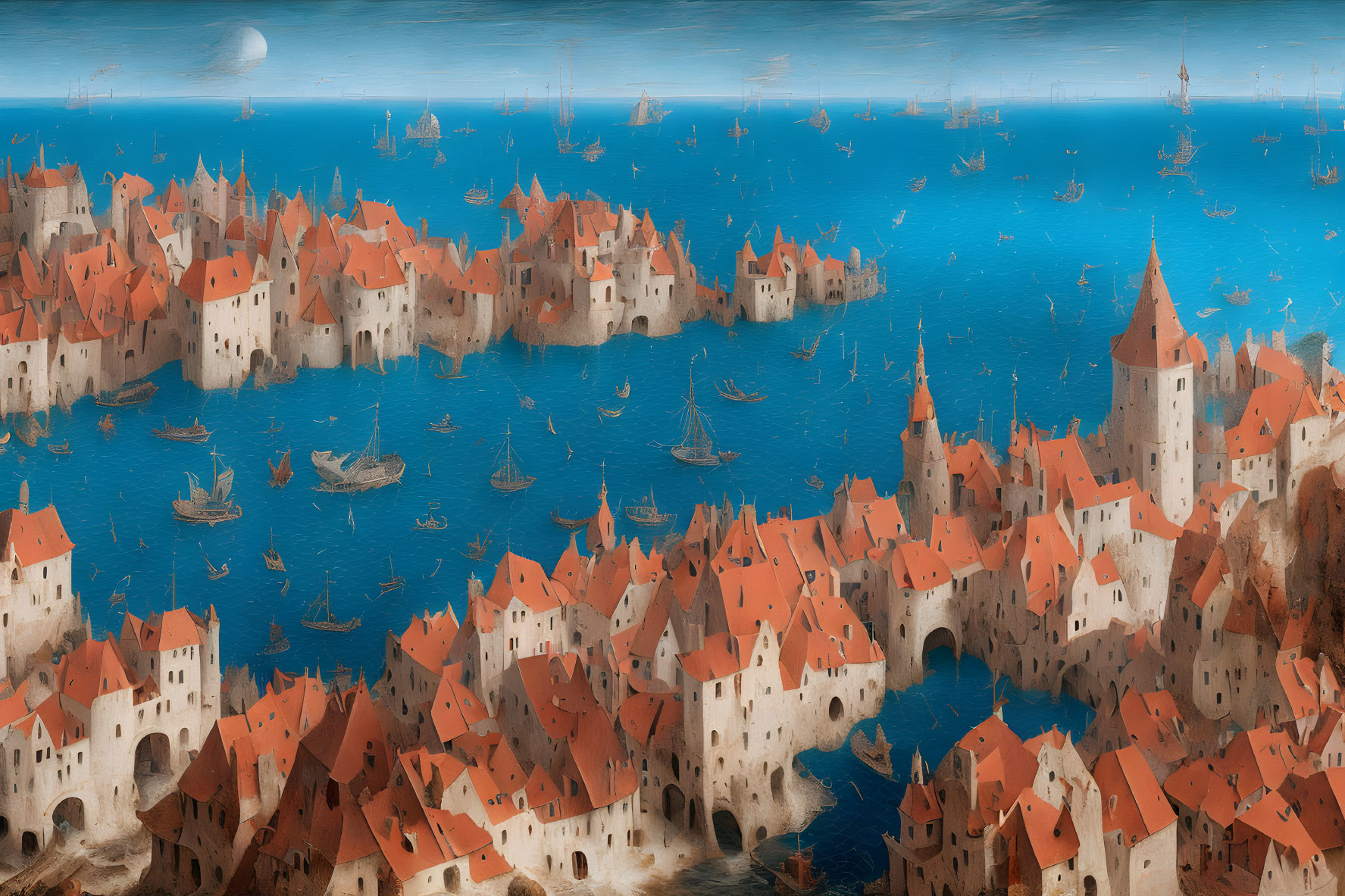 Cityscape with orange-roofed buildings by the sea and sailing ships under a blue sky